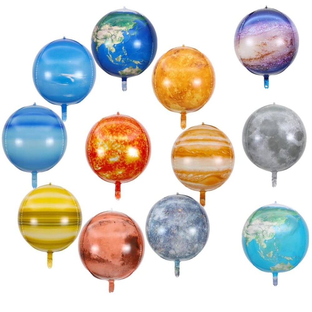 Hrhshw 12pcs 22inch Solar System Balloon, 3D Helium Foil Planet, Moon, Earth, Sun, Mercury, Mars, Venus, Jupiter, Saturn, Uranus, Neptune Balloon for Space Birthday Party