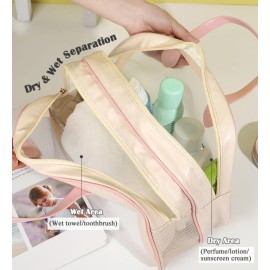 kamumanni Travel Toiletry Bag, Large Clear Makeup Bag with Handles, Translucent Dry &Wet Separation Travel Bag for Skincare Products, Toiletries (Pink, Large)