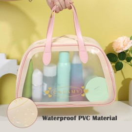 kamumanni Travel Toiletry Bag, Large Clear Makeup Bag with Handles, Translucent Dry &Wet Separation Travel Bag for Skincare Products, Toiletries (Pink, Large)