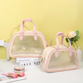 kamumanni Travel Toiletry Bag, Large Clear Makeup Bag with Handles, Translucent Dry &Wet Separation Travel Bag for Skincare Products, Toiletries (Pink, Large)
