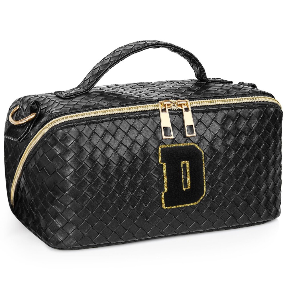 Yulaviniee Initial Makeup Bag,Large Capacity Travel Cosmetic Bag with Shoulder Strap,Portable Leather Open Flat Make Up Organizer Bag,Makeup Toiletry Bag with Handle and Compartments