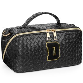 Yulaviniee Initial Makeup Bag,Large Capacity Travel Cosmetic Bag with Shoulder Strap,Portable Leather Open Flat Make Up Organizer Bag,Makeup Toiletry Bag with Handle and Compartments