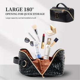 Yulaviniee Initial Makeup Bag,Large Capacity Travel Cosmetic Bag with Shoulder Strap,Portable Leather Open Flat Make Up Organizer Bag,Makeup Toiletry Bag with Handle and Compartments