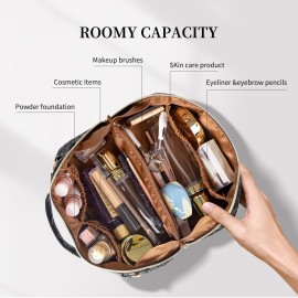 Yulaviniee Initial Makeup Bag,Large Capacity Travel Cosmetic Bag with Shoulder Strap,Portable Leather Open Flat Make Up Organizer Bag,Makeup Toiletry Bag with Handle and Compartments