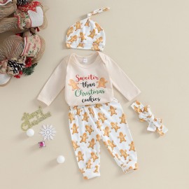 Baby Girl My First Christmas Outfit Newborn Infant Crewneck Long Sleeve Romper Bodysuit Pant Clothes Set Costume (Beige Cookies, 0-3 Months)