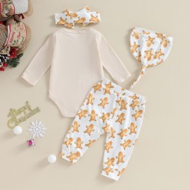 Baby Girl My First Christmas Outfit Newborn Infant Crewneck Long Sleeve Romper Bodysuit Pant Clothes Set Costume (Beige Cookies, 0-3 Months)