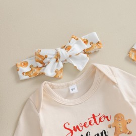 Baby Girl My First Christmas Outfit Newborn Infant Crewneck Long Sleeve Romper Bodysuit Pant Clothes Set Costume (Beige Cookies, 0-3 Months)