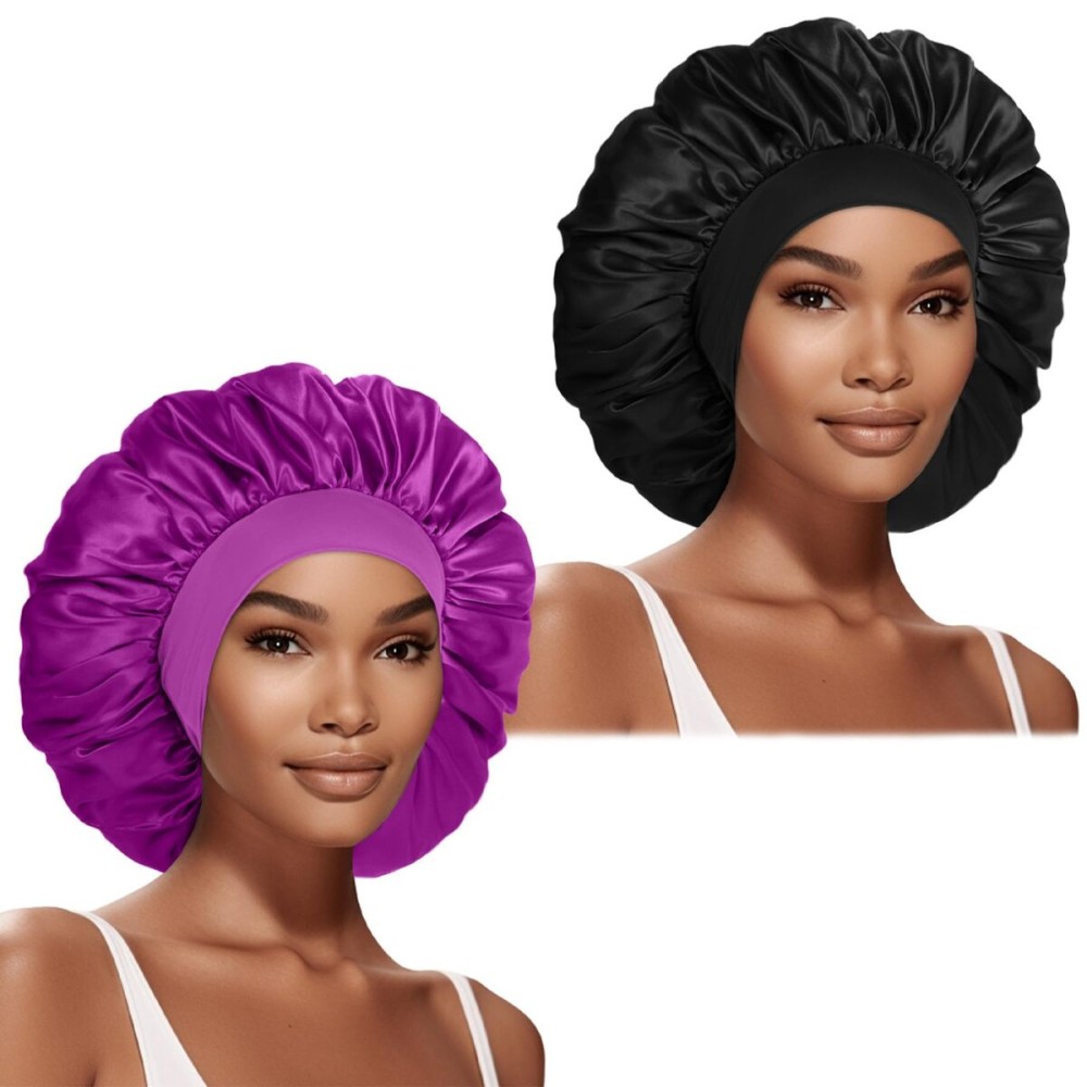 2 Pcs Extra Large Satin Hair Bonnet for Sleeping Cap 17 inches Jumbo Silk Sleep Bonnet for Women (Black & Purple)
