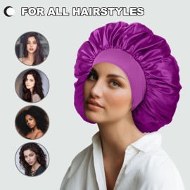2 Pcs Extra Large Satin Hair Bonnet for Sleeping Cap 17 inches Jumbo Silk Sleep Bonnet for Women (Black & Purple)