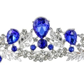 Samky Bridal Rhinestone Tiara Crown Wedding Headpiece with Blue Crystal Bride\'s Hair Accessories