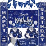 Birthday Decorations for Men Women, Navy Blue Happy Birthday Decorations for Boys Girls Bday Party Supplies, HAPPY BIRTHDAY Door Banner Porch Sign Tablecloth Bday Backdrop Balloons Decor for Him