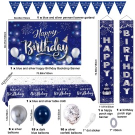 Birthday Decorations for Men Women, Navy Blue Happy Birthday Decorations for Boys Girls Bday Party Supplies, HAPPY BIRTHDAY Door Banner Porch Sign Tablecloth Bday Backdrop Balloons Decor for Him