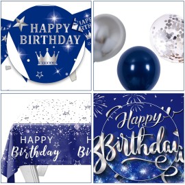 Birthday Decorations for Men Women, Navy Blue Happy Birthday Decorations for Boys Girls Bday Party Supplies, HAPPY BIRTHDAY Door Banner Porch Sign Tablecloth Bday Backdrop Balloons Decor for Him