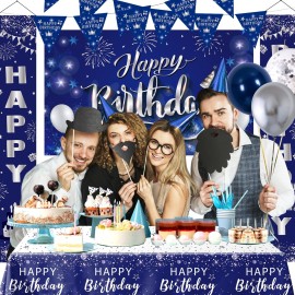 Birthday Decorations for Men Women, Navy Blue Happy Birthday Decorations for Boys Girls Bday Party Supplies, HAPPY BIRTHDAY Door Banner Porch Sign Tablecloth Bday Backdrop Balloons Decor for Him