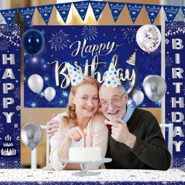 Birthday Decorations for Men Women, Navy Blue Happy Birthday Decorations for Boys Girls Bday Party Supplies, HAPPY BIRTHDAY Door Banner Porch Sign Tablecloth Bday Backdrop Balloons Decor for Him