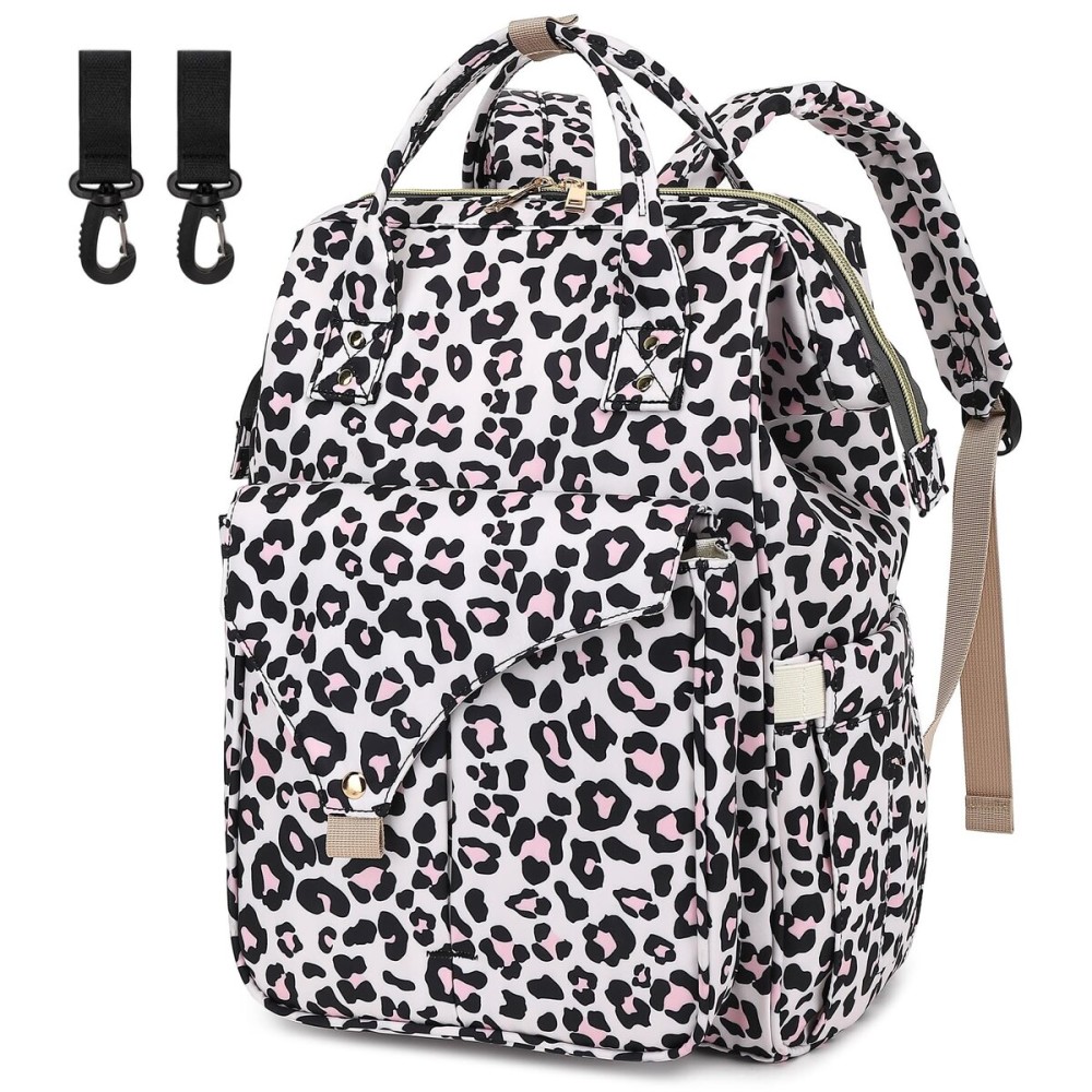 Leopard Diaper Bag Backpack for Baby Girls Boys, Large Capacity Multifunction Waterproof Maternity Mom Nappy Bags with Stroller Straps