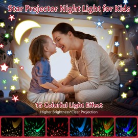 Star Projector Night Light for Kids, Baby Night Lights with Snowflake & Starry Theme, 360 Degree Rotation, 15 Mode Color Changing, Birthday Gift Toys