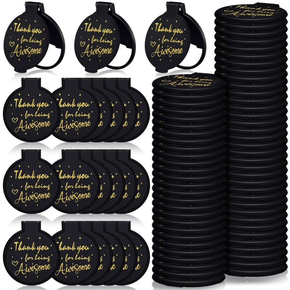 Huwena 100 Pcs Inspirational Compact Mirror Bulk Black Thank You Gifts for Women 2.75 in Small Pocket Purse Mirror Mini Round Portable Folding Makeup Employee Appreciation Gift for Coworker Teacher