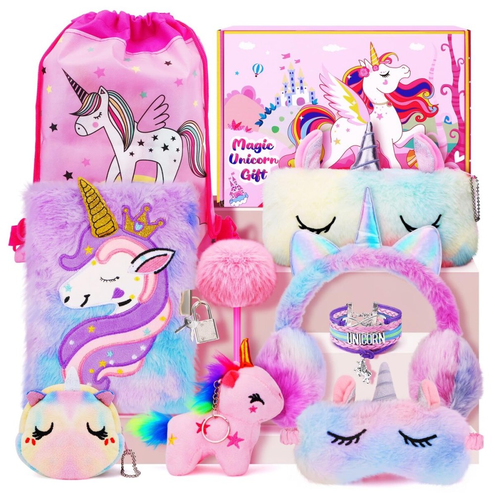 homicozy Unicorn Gifts for Girls, Birthday Gift Box Set for Girls Age 4-10, Unicorn Basket with Tie-dye Diary, Fluffy Pen & Pencil Case, Earmuff, Eye Mask