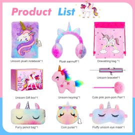 homicozy Unicorn Gifts for Girls, Birthday Gift Box Set for Girls Age 4-10, Unicorn Basket with Tie-dye Diary, Fluffy Pen & Pencil Case, Earmuff, Eye Mask