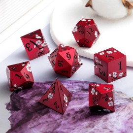 Matt Red DND Metal Dice, DNDND 7 PCS Heavy Metallic D&D Dice Set with Gorgeous Gift Case for Dungeons and Dragon Tabletop Game (Matte Red with White Flower)