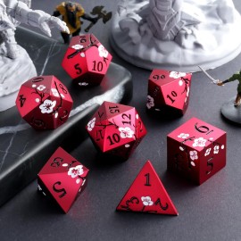 Matt Red DND Metal Dice, DNDND 7 PCS Heavy Metallic D&D Dice Set with Gorgeous Gift Case for Dungeons and Dragon Tabletop Game (Matte Red with White Flower)