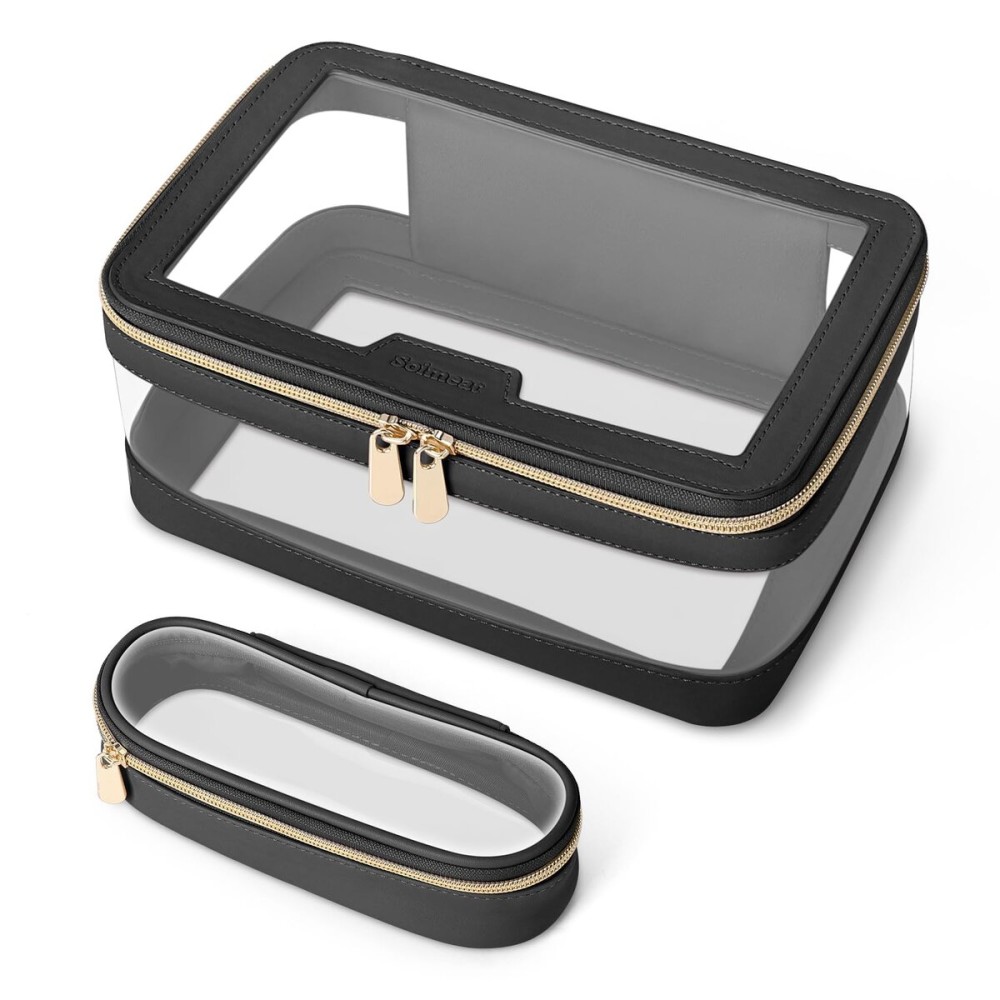 Soimeat Travel Clear Makeup Bag with Makeup Brush Bag, Leather Makeup Case Toiletry Bag, Portable Cosmetic Bag Case, Transparent Waterproof Cosmetic Organizer Storage Bag for Women, Black