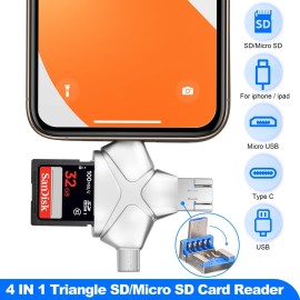 JOZDAUP SD/Micro SD Card Reader for iPhone/iPad/Android/Mac/Computer/Camera, 4 in 1 Triangle Portable Memory Card Reader, Compatible with TF Cards&Trail Camera Viewer, Plug and Play, No App Required