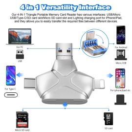 JOZDAUP SD/Micro SD Card Reader for iPhone/iPad/Android/Mac/Computer/Camera, 4 in 1 Triangle Portable Memory Card Reader, Compatible with TF Cards&Trail Camera Viewer, Plug and Play, No App Required