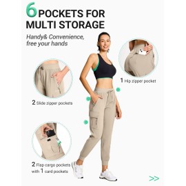 BVVU Women\'s Cargo Joggers Hiking Pants High Wasited Lightweight Quick Dry with Zipper Pockets Waterproof Athletic Sweatpants Khaki