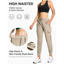 BVVU Women\'s Cargo Joggers Hiking Pants High Wasited Lightweight Quick Dry with Zipper Pockets Waterproof Athletic Sweatpants Khaki
