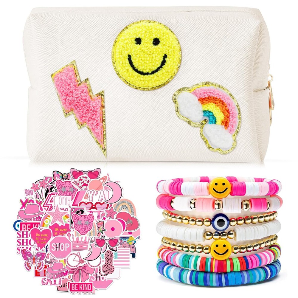 58 Pcs Preppy Makeup Bag Set Aesthetic Cosmetic Bag Travel Makeup Pouch Toiletry Bag 7 Heishi Surfer Bracelets with 50 Cute Stickers for Women Girls Teens Gifts 58 Pcs Preppy Makeup Bag Set Aesthetic Cosmetic Bag Travel Makeup Pouch Toiletry Bag 7 Heishi Surfer Bracelets with 50 Cute Stickers for Women Girls Teens Gifts