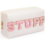 besharppin Preppy Makeup Bag, Synthetic Leather Patch Cosmetic Bag with STUFF Chenille Letter for go out, Gift for Girlfriend or Wife, Present for Girls, Daughter and Mum (Cream)