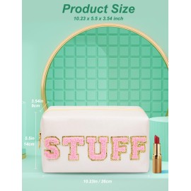 besharppin Preppy Makeup Bag, Synthetic Leather Patch Cosmetic Bag with STUFF Chenille Letter for go out, Gift for Girlfriend or Wife, Present for Girls, Daughter and Mum (Cream)