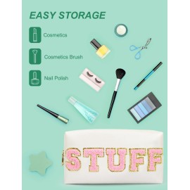 besharppin Preppy Makeup Bag, Synthetic Leather Patch Cosmetic Bag with STUFF Chenille Letter for go out, Gift for Girlfriend or Wife, Present for Girls, Daughter and Mum (Cream)