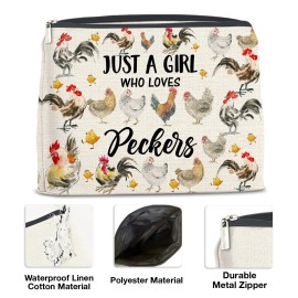 Chicken Gifts for Chicken Lovers Girls, Chicken Lady Gift, Peckers Lovers Gifts Makeup Bag for Sister Daughter Granddaughter Bestie, Just a Girl Who Loves Peckers Cosmetic Bag Makeup Pouch