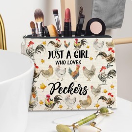 Chicken Gifts for Chicken Lovers Girls, Chicken Lady Gift, Peckers Lovers Gifts Makeup Bag for Sister Daughter Granddaughter Bestie, Just a Girl Who Loves Peckers Cosmetic Bag Makeup Pouch