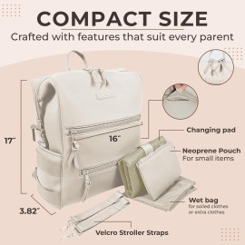BUNSO Baby Neoprene Diaper Bag, Minimalist Backpack Diaper Bag with Pouch, Changing Pad, and Stroller Straps, Water Resistant and Lightweight Baby Girl Diaper Bag, Diaper Bag Backpack, Cream