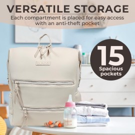 BUNSO Baby Neoprene Diaper Bag, Minimalist Backpack Diaper Bag with Pouch, Changing Pad, and Stroller Straps, Water Resistant and Lightweight Baby Girl Diaper Bag, Diaper Bag Backpack, Cream