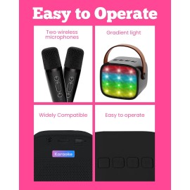 VERKB Mini Karaoke Machine with 2 Wireless Microphones for Kids, Kids Toys for Girls and Boys, Portable Bluetooth Speaker Gift for Girls 4, 5, 6, 7, 8+ Year Old Birthday Party(Black)