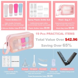Helandou 19 Pack Leak Proof Silicone Travel Bottles For Toiletries, TSA Approved Shampoo and Conditioner Containers with Tags Comb Airless Pump Jar and Wash Bag