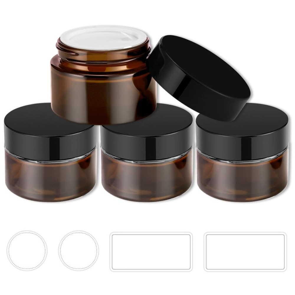 4 Pack 1oz Glass Jars with Lids, Tecohouse Amber Glass Jars with Lids & Stickers, Reusable Empty Round makeup container for Creams, Lotion, Cosmetic