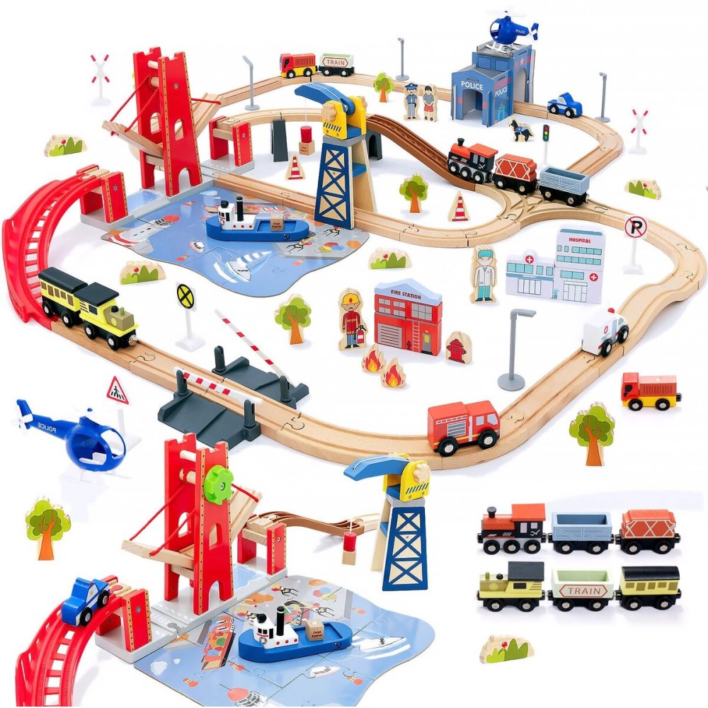Giant bean 117 Pcs Busy Port City Train Set for Kids- Expandable & Changeable Wooden Train Track Set Toy, for Boys & Girls Ages 3-14