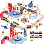 Giant bean 117 Pcs Busy Port City Train Set for Kids- Expandable & Changeable Wooden Train Track Set Toy, for Boys & Girls Ages 3-14