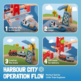 Giant bean 117 Pcs Busy Port City Train Set for Kids- Expandable & Changeable Wooden Train Track Set Toy, for Boys & Girls Ages 3-14