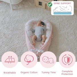 Aila+Aiden Baby Nest, Baby Lounger, Organic Cotton Lounger for Baby, Reversible Breathable Adjustable Portable - Star Collection (Pink)
