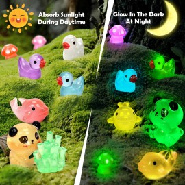 GOKUPOK Luminous Mini Resin Ducks Tiny Animals Glow in The Dark Duck Panda Dolphin Mushroom 4 Combination Sets for Garden Micro Landscape Aquarium Potted Dollhouse Decor 105PCS