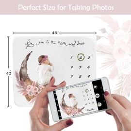 fundich Baby Milestone Blanket for Baby Girl, Newborn Monthly Milestone Blanket, Baby Growth Chart Blanket, Boho Nursery Decor for Girls, Photo Prop with Wreath&Headband 45x40