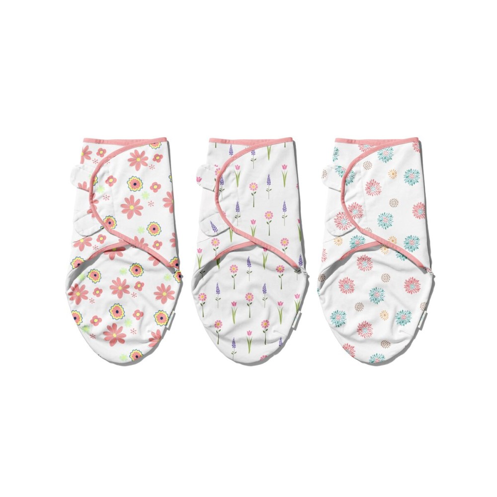 Ouch Baby Cotton Swaddle Wrap | Improves Sleep & Calms Startle Response | 100% Knitted Cotton | Adjustable Velcro Swaddle for Newborn Boys & Girls | 0-3 Months | Pack of 3 (Floral Edition)