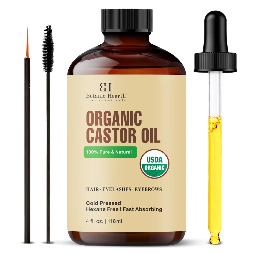 Botanic Hearth Castor Oil (Styling Oil, Glass Bottle 4 Fl Oz) | Usda Certified Organic | 100% Pure & Hexane Free | Cold Pressed | Promotes Growth For Eyelashes, Eyebrows & Hair | Includes Brush Set